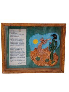 Kokopelli Cactus Ceramic Art Sculpture Shadowbox Signed OOAK Carved Painted